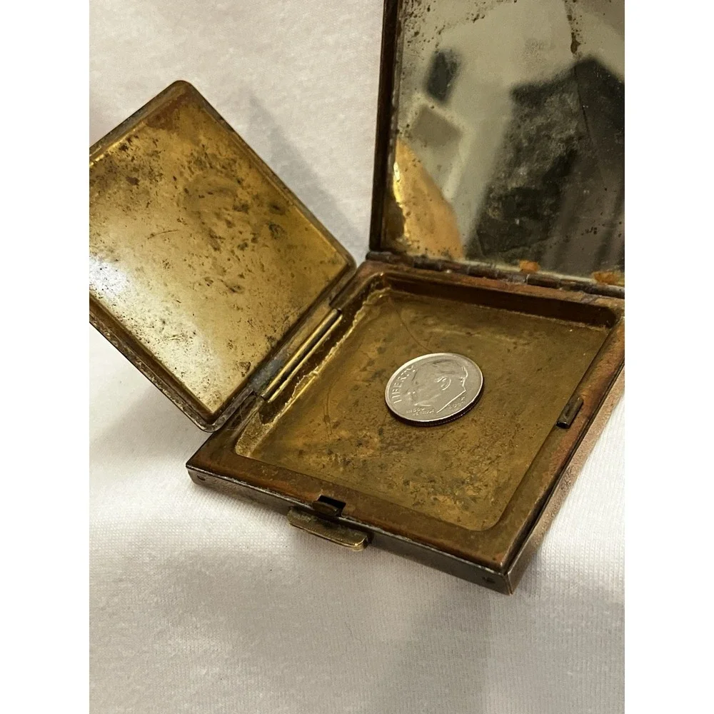 VTG Brass Art Deco Embossed Flower Pot Window Compact Purse Mirror Square